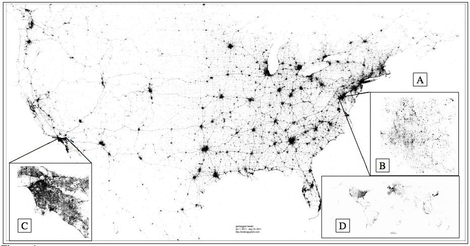 Each point corresponds to a geo-located tweet from 2011. (A) USA (B) Washington, D.C. (C) Los Angeles (D) Earth